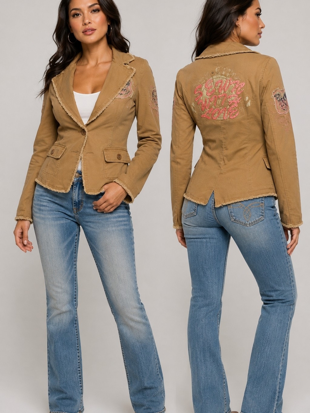 Love Stitch Sewn With Love Boho Embroidered Blazer Jacket Frayed Size S